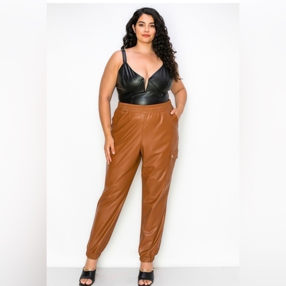 Ms. Diva Plus..Carmel Faux Leather Cargo Joggers - Picture 1 of 5